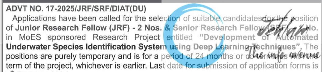 DEFENCE INSTITUTE OF ADVANCED TECHNOLOGY JRF/SRF RECRUITMENT ADVT NOTIFICATION NO 17-2025/JRF/SRF/DIAT/DU