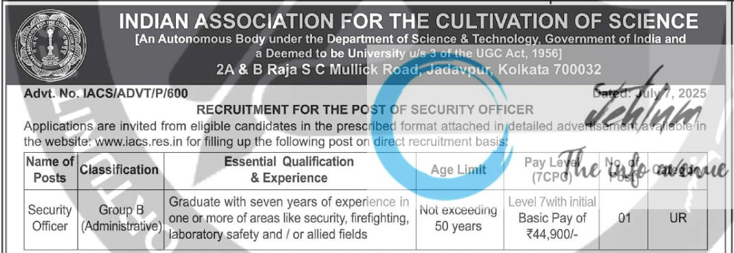 INDIAN ASSOCIATION FOR THE CULTIVATION OF SCIENCE SECURITY OFFICER RECRUITMENT ADVT NOTIFICATION NO IACS/ADVT/P/600