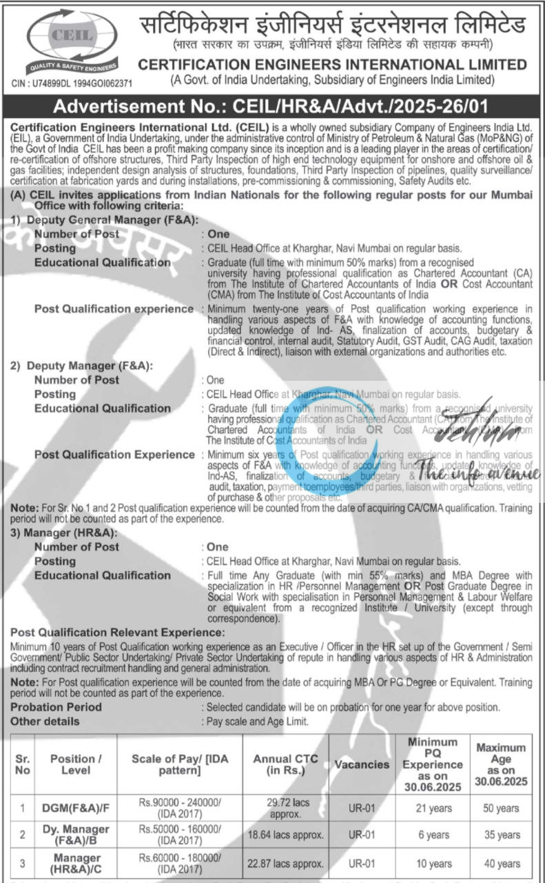 CERTIFICATION ENGINEERS INTERNATIONAL LIMITED RECRUITMENT ADVT NOTIFICATION NO CEIL/HR&A/Advt/2025-26/01