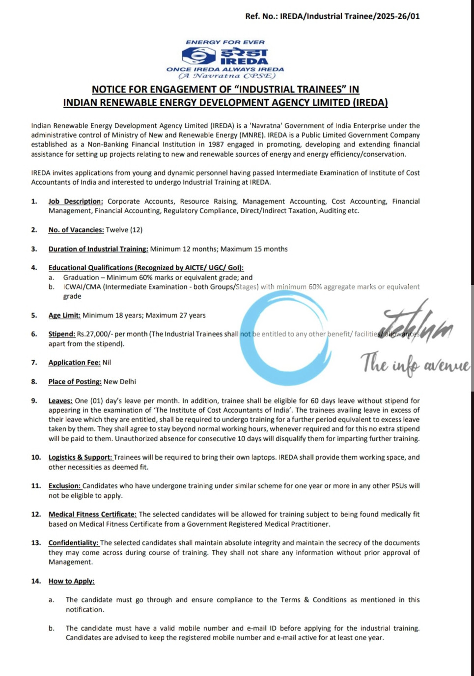 INDIAN RENEWABLE ENERGY DEVELOPMENT AGENCY LIMITED INDUSTRIAL TRAINEES RECRUITMENT ADVT NOTIFICATION NO IREDA/Industrial Trainee/2025-26/01