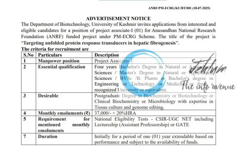 UNIVERSITY OF KASHMIR KU DEPARTMENT OF BIOTECHNOLOGY PROJECT ASSOCIATES RECRUITMENT ADVT NOTIFICATION NO ANRF/PM-ECRG/KU/BT/001