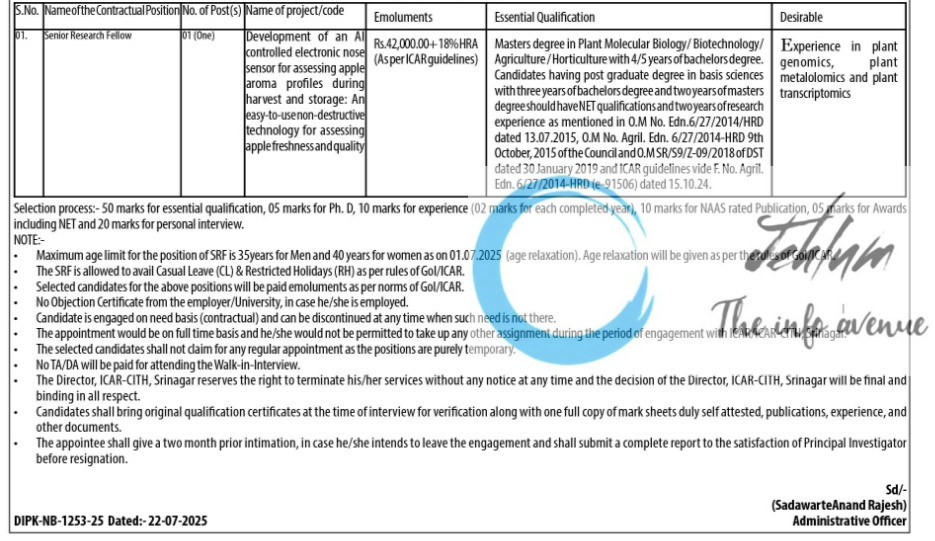 ICAR CENTRAL INSTITUTE OF TEMPERATE HORTICULTURE SRF RECRUITMENT ADVT NOTIFICATION 2025