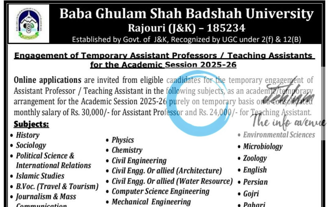 BABA GHULAM SHAH BADSHAH UNIVERSITY RAJOURI AP RECRUITMENT ADVT NOTIFICATION 2025