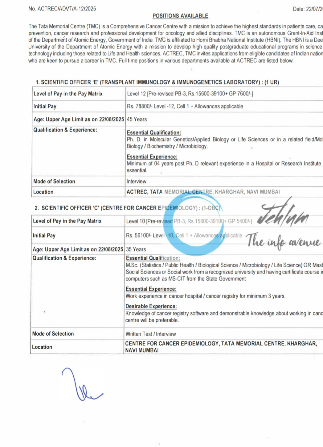 TATA MEMORIAL CENTRE TMC ADVANCED CENTRE FOR TREATMENT RESEARCH AND EDUCATION IN CANCER RECRUITMENT ADVT NOTIFICATION NO ACTREC/ADVT/A-12/2025