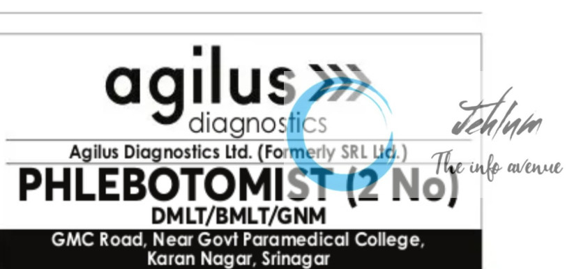 AGILUS DIAGNOSTICS LTD SRINAGAR PHLEBOTOMIST JOBS OPENING 2025