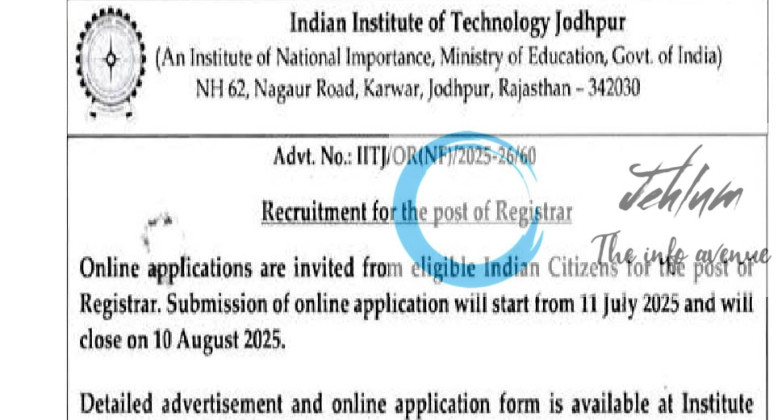 INDIAN INSTITUTE OF TECHNOLOGY IIT JODHPUR REGISTRAR RECRUITMENT ADVT NOTIFICATION NO IITJ/OR/NF/2025-26/60