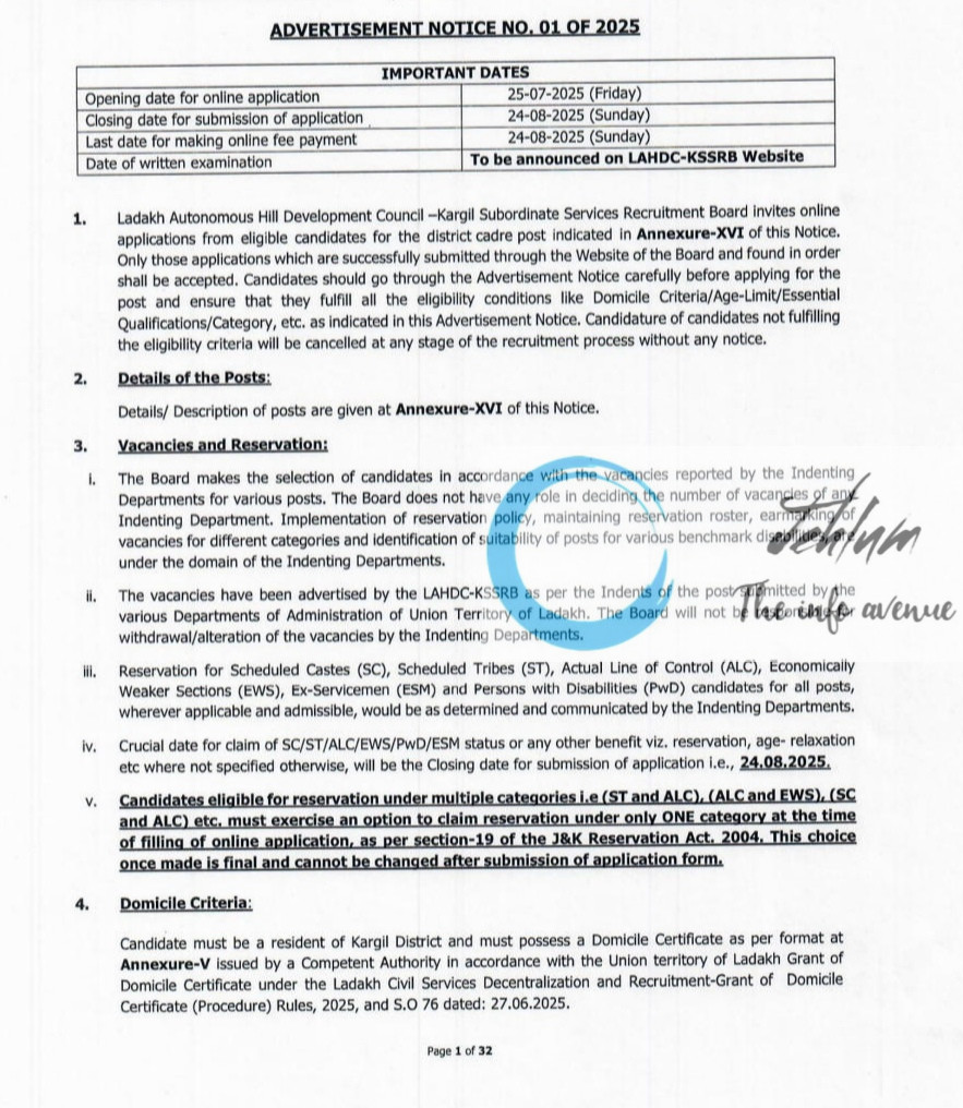 LAHDC KARGIL SUBORDINATE SERVICE RECRUITMENT BOARD RECRUITMENT ADVT NOTIFICATION NO KSSRB/Advert-Posts/2025-26/3078-91