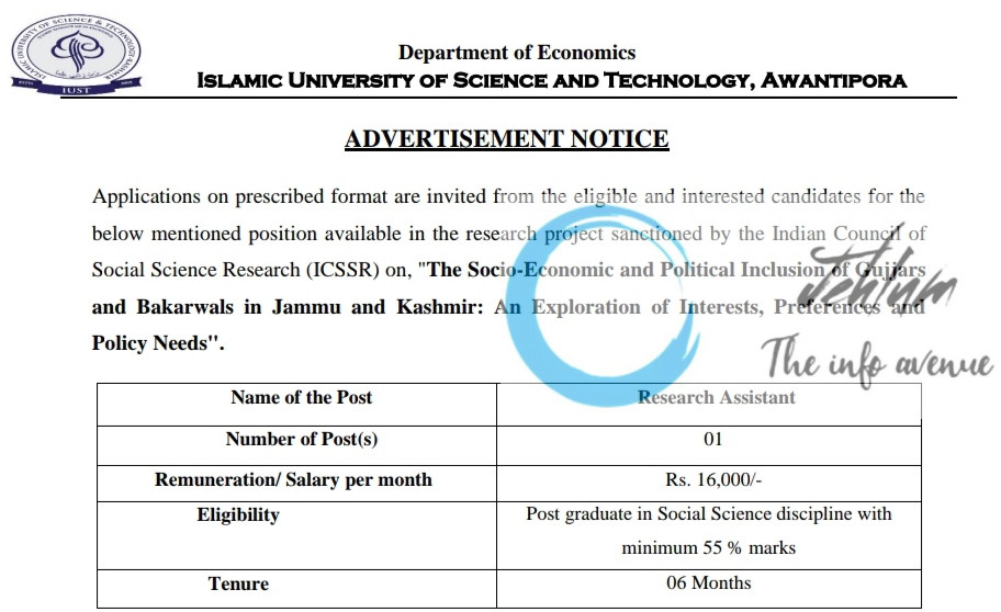 IUST AWANTIPORA DEPARTMENT OF ECONOMICS RESEARCH ASSOCIATE RECRUITMENT ADVT NOTIFICATION 2025