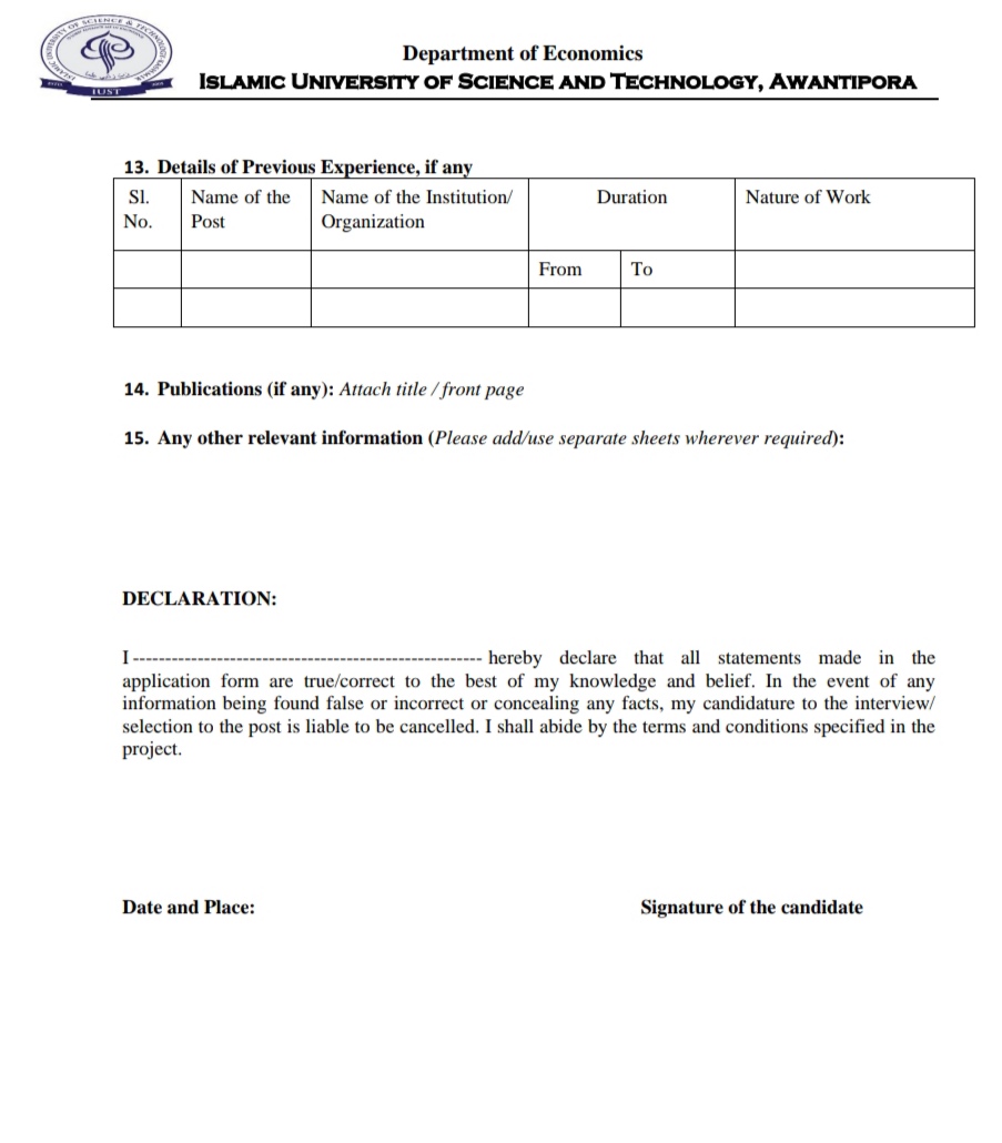IUST AWANTIPORA DEPARTMENT OF ECONOMICS RESEARCH ASSOCIATE RECRUITMENT ADVT NOTIFICATION 2025 