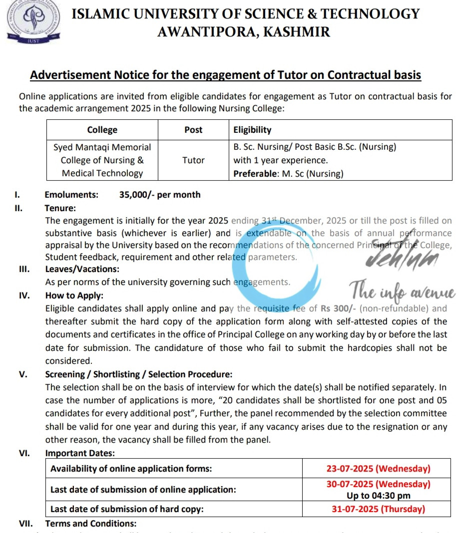 ISLAMIC UNIVERSITY OF SCIENCE AND TECHNOLOGY TUTOR RECRUITMENT ADVT NOTIFICATION NO IUST/DAA-Acad/25/1245