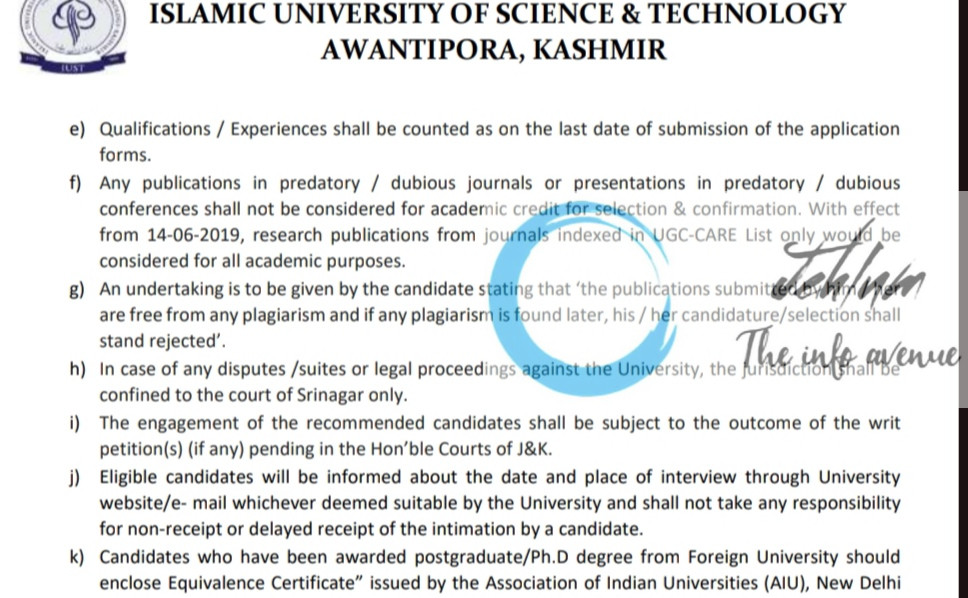 ISLAMIC UNIVERSITY OF SCIENCE AND TECHNOLOGY TUTOR RECRUITMENT ADVT NOTIFICATION NO IUST/DAA-Acad/25/1245