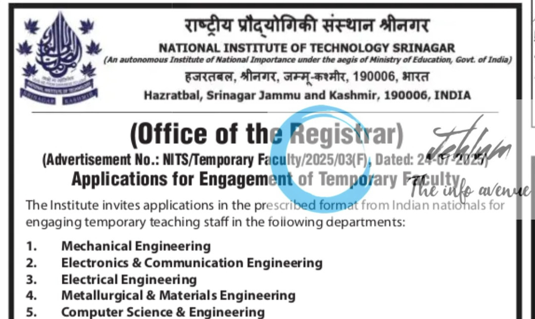 NATIONAL INSTITUTE OF TECHNOLOGY SRINAGAR FACULTY RECRUITMENT ADVT NOTIFICATION NO NITS/Temporary Faculty/2025/03/F