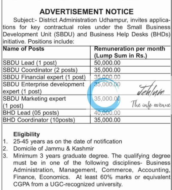 DISTRICT ADMINISTRATION UDHAMPUR SBDU/BHDS RECRUITMENT ADVT NOTIFICATION 2025
