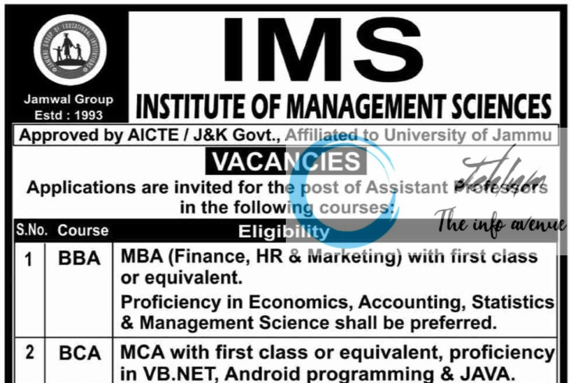 INSTITUTE OF MANAGEMENT SCIENCES IMS JAMMU AP RECRUITMENT ADVT NOTIFICATION 2025