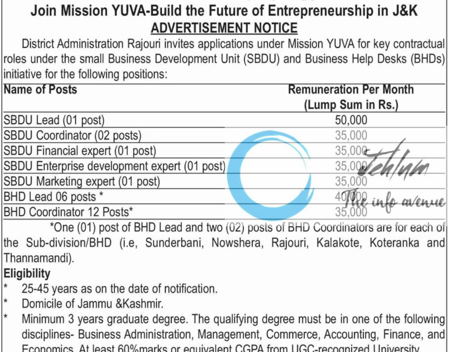 OFFICE OF THE DISTRICT DEVELOPMENT COMMISSIONER RAJOURI MISSION YUVA SBDU/BHDS RECRUITMENT ADVT NOTIFICATION 2025