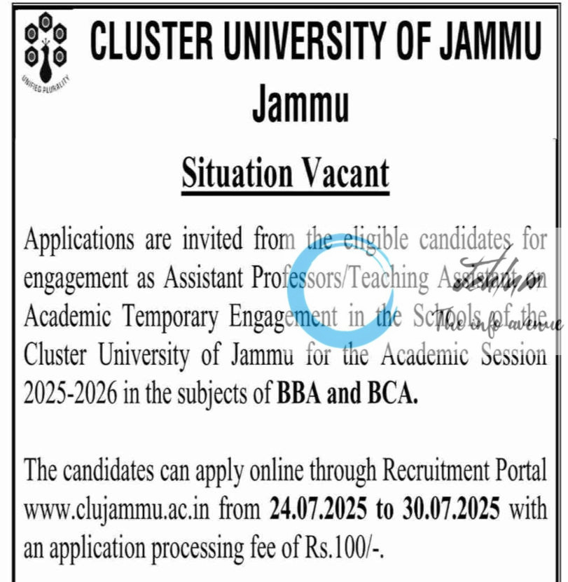 CLUSTER UNIVERSITY OF JAMMU AP RECRUITMENT ADVT NOTIFICATION NO CLUJ/Adm/25/2835