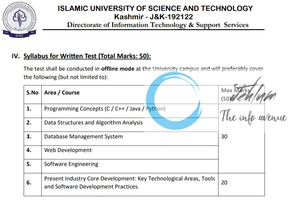 IUST DIRECTORATE OF INFORMATION TECHNOLOGY AND SUPPORT SERVICES ASSISTANT PROGRAMMER RECRUITMENT ADVT NOTIFICATION NO IUST/DIT&SS/25/344