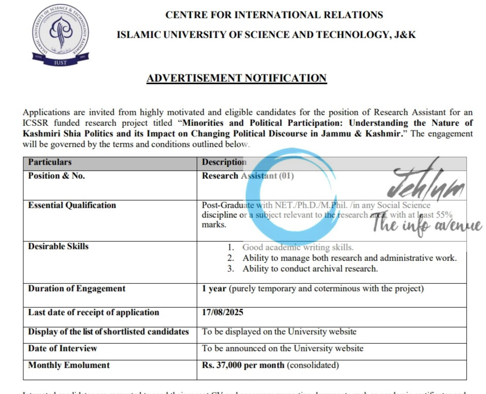 IUST CENTRE FOR INTERNATIONAL RELATIONS RESEARCH ASSISTANT RECRUITMENT ADVT NOTIFICATION 2025