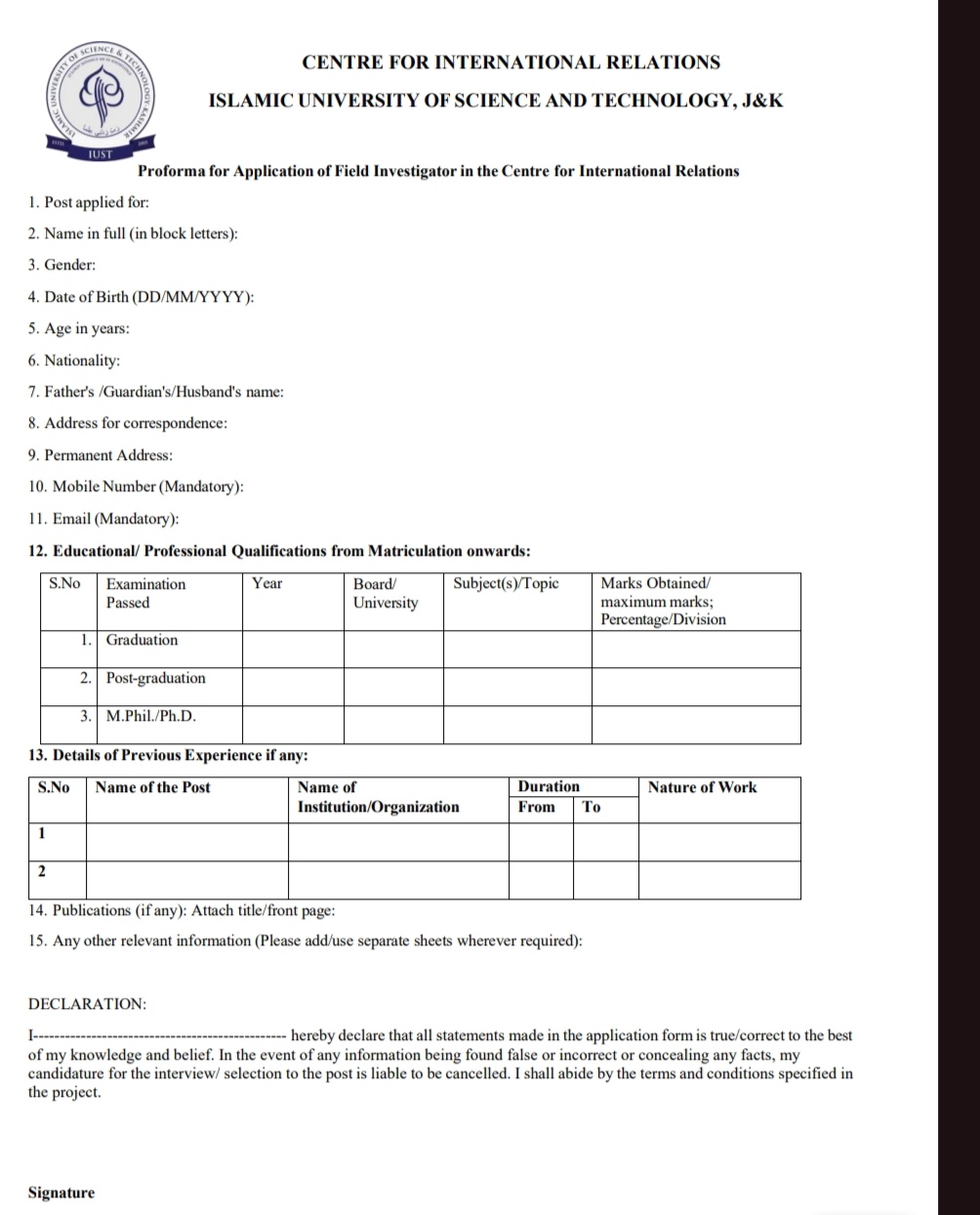 IUST CENTRE FOR INTERNATIONAL RELATIONS FIELD INVESTIGATOR RECRUITMENT ADVT NOTIFICATION 2025