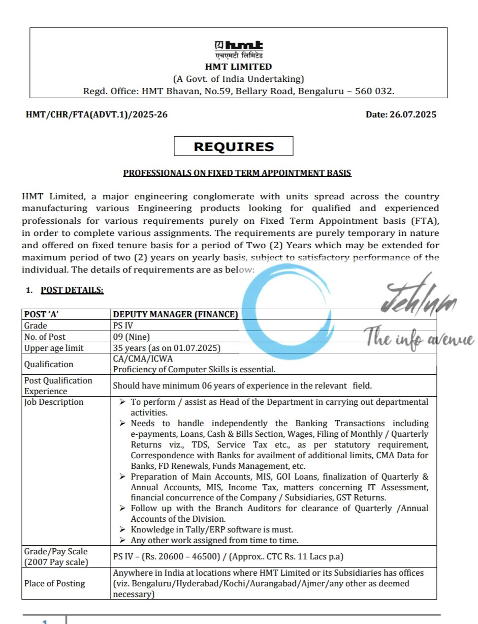 HMT LIMITED PROFESSIONALS RECRUITMENT ADVT NOTIFICATION NO HMT/CHR/FTA/ADVT-1/2025-26