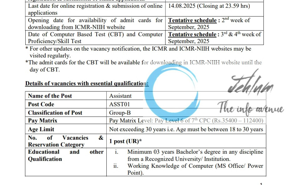 ICMR NATIONAL INSTITUTE OF IMMUNOHAEMATOLOGY ADMINISTRATIVE AND TECHNICAL POSTS RECRUITMENT ADVT NOTIFICATION NO NIIH/01/AT/07/2025