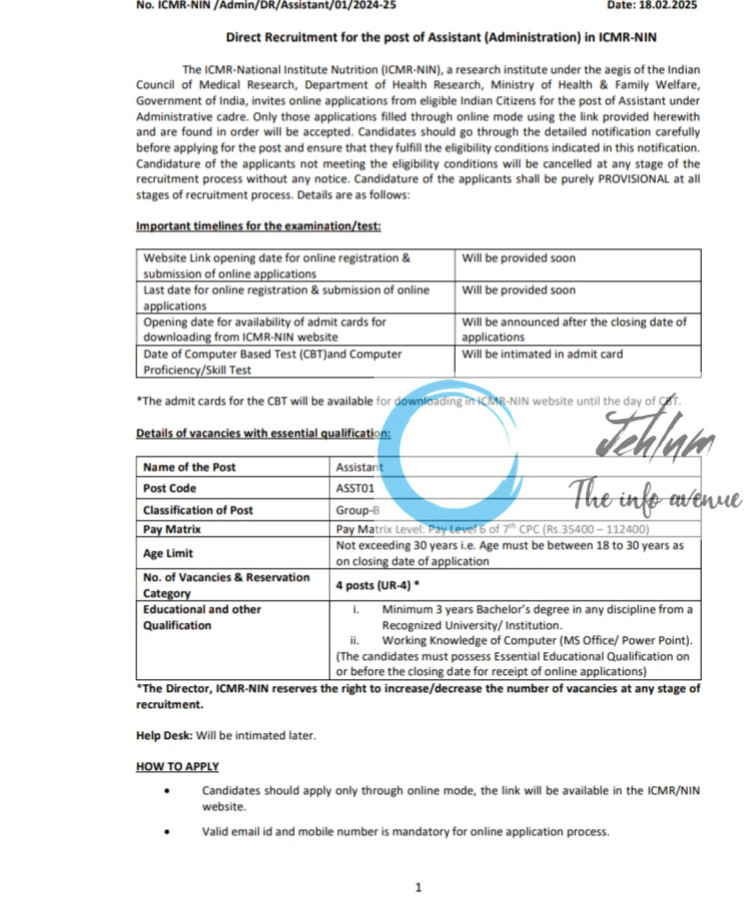 ICMR NATIONAL INSTITUTE NUTRITION ASSISTANT RECRUITMENT ADVT NOTIFICATION NO ICMR-NIN /Admin/DR/Assistant/01/2024-25
