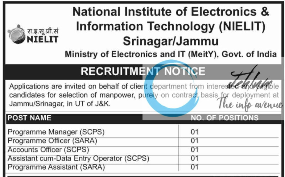 NIELIT Srinagar/Jammu Recruitment Notice J/R/02/2025