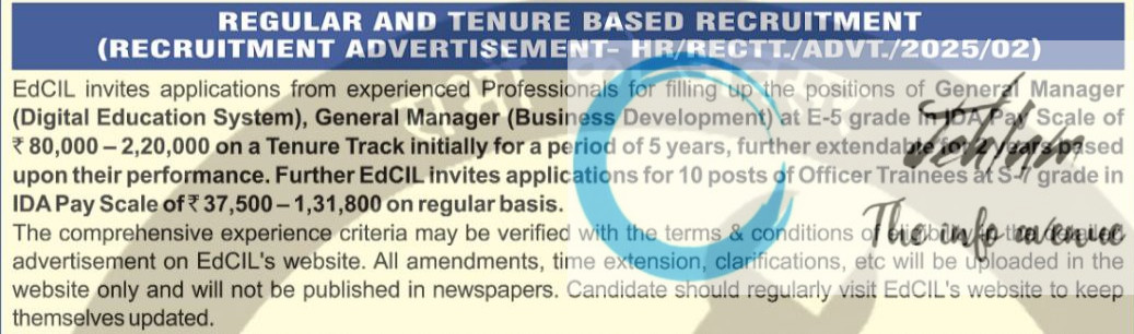 EdCIL INDIA LIMITED GENERAL MANAGER RECRUITMENT ADVT NOTIFICATION NO HR/RECTT/ADVT/2025/02