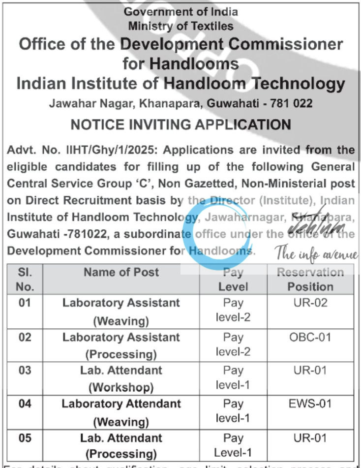 THE INDIAN INSTITUTE OF HANDLOOM TECHNOLOGY IIHT GUWAHATI RECRUITMENT ADVT NOTIFICATION NO IIHT/Ghy/1/2025