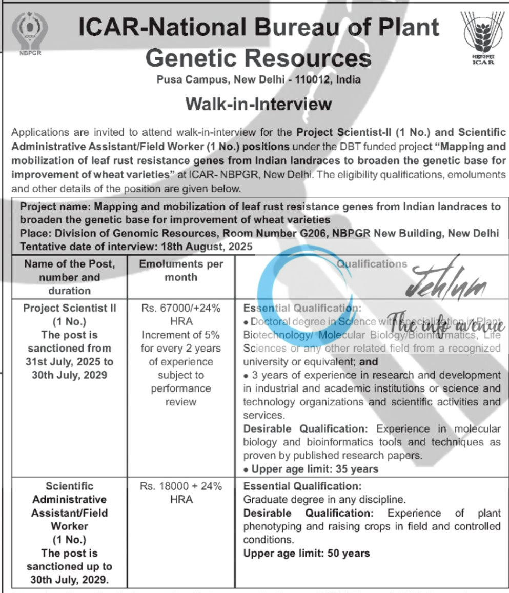 ICAR NATIONAL BUREAU OF PLANT GENETIC RESOURCES NBPGR RECRUITMENT ADVT NOTIFICATION 2025