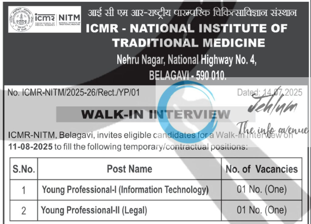 ICMR NATIONAL INSTITUTE OF TRADITIONAL MEDICINE YOUNG PROFESSIONALS RECRUITMENT ADVT NOTIFICATION NO ICMR-NITM/2025-26/Rect/YP/01