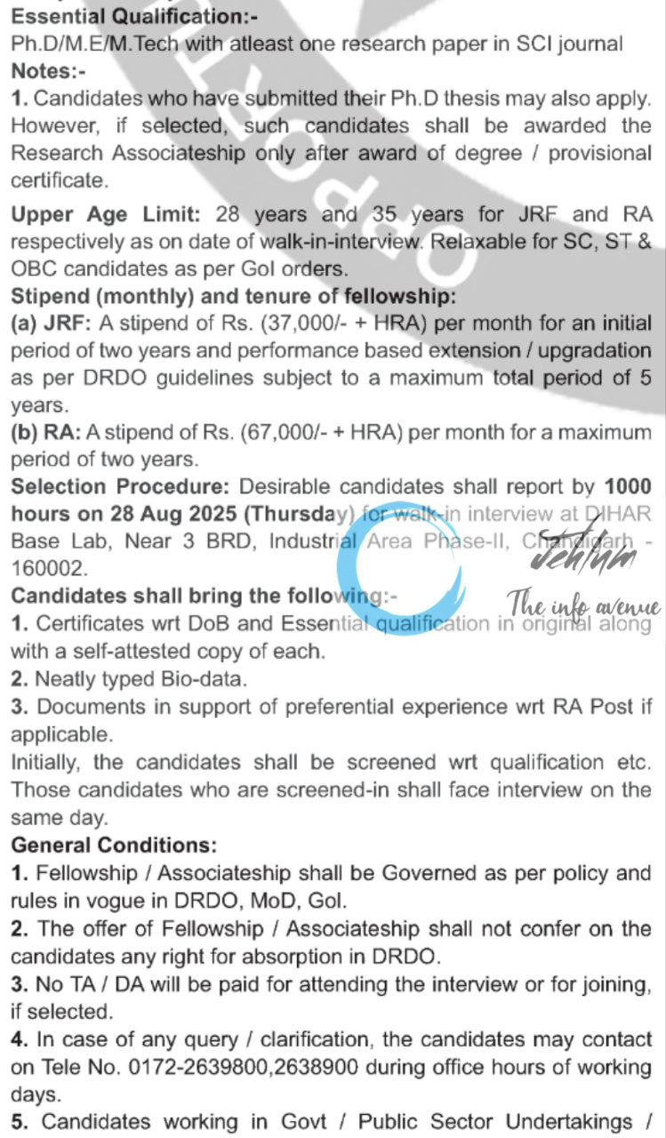 DRDO DEFENCE INSTITUTE OF HIGH ALTITUDE RESEARCH DIHAR JRF/RA RECRUITMENT ADVT NOTIFICATION 2025