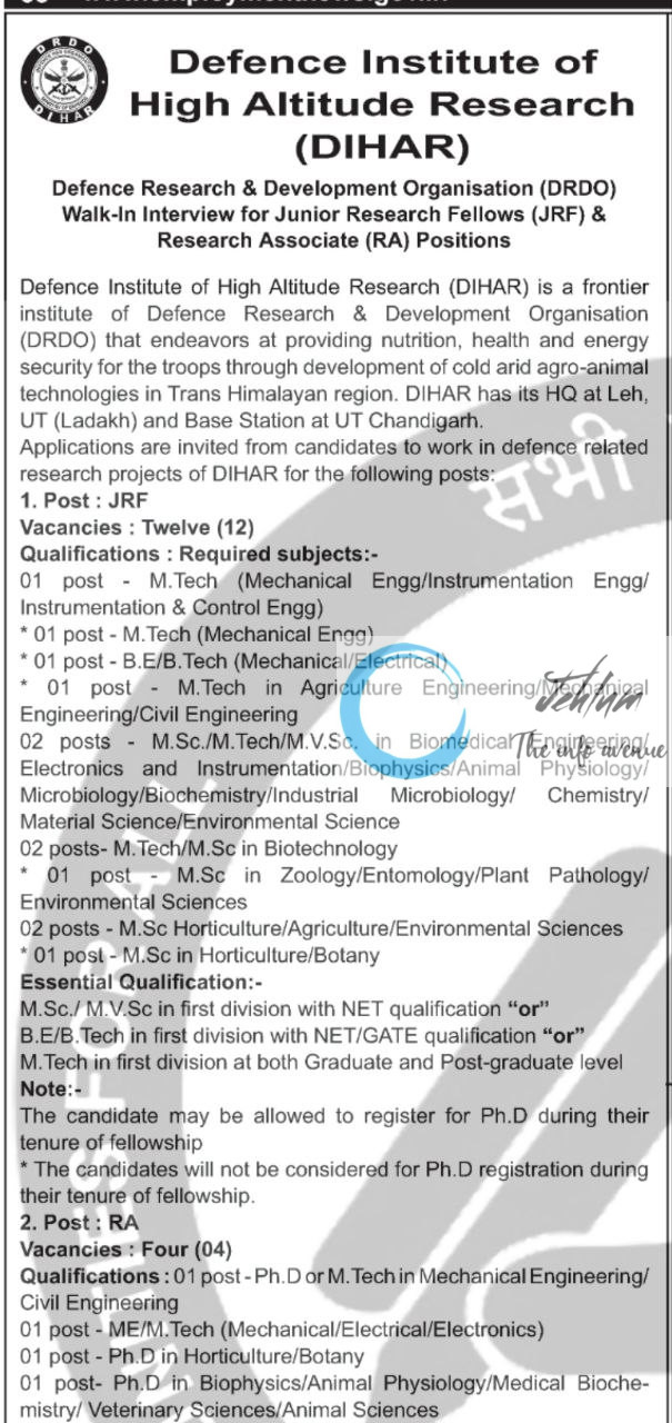 DRDO DEFENCE INSTITUTE OF HIGH ALTITUDE RESEARCH DIHAR JRF/RA RECRUITMENT ADVT NOTIFICATION 2025