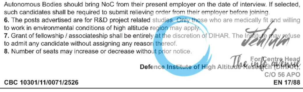 DRDO DEFENCE INSTITUTE OF HIGH ALTITUDE RESEARCH DIHAR JRF/RA RECRUITMENT ADVT NOTIFICATION 2025