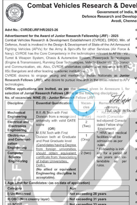 DRDO COMBAT VEHICLES RESEARCH AND DEVELOPMENT ESTABLISHMENT CVRDE JRF RECRUITMENT ADVT NOTIFICATION NO CVRDE/JRF/HR/2025-26