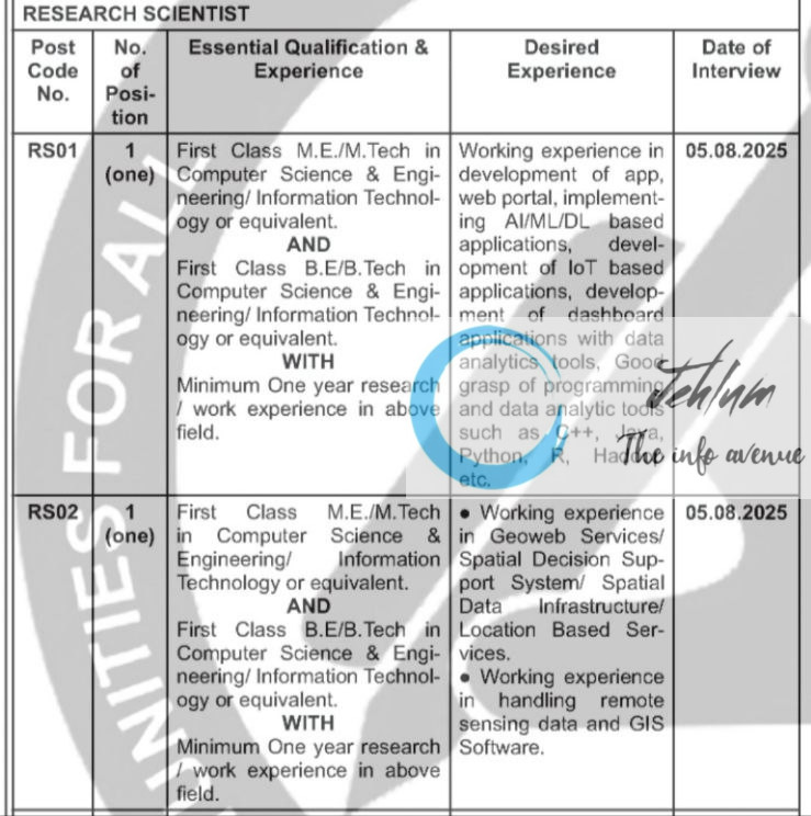 NORTH EASTERN SPACE APPLICATIONS CENTRE RECRUITMENT ADVT NOTIFICATION NO NESAC/RMT-TEMP/WI-01/2025