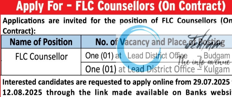 JAMMU AND KASHMIR BANK LIMITED FLC COUNSELLORS RECRUITMENT ADVT NOTIFICATION NO JKB/HR/Rectt/2025-317