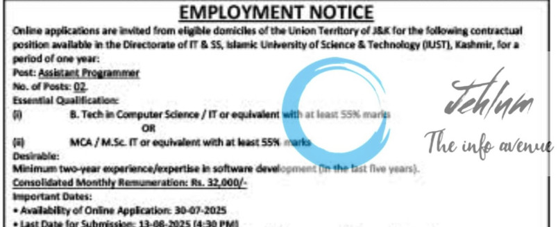 IUST DIRECTORATE OF IT AND SS ASSISTANT PROGRAMMER RECRUITMENT ADVT NOTIFICATION NO IUST/DITASS/25/344