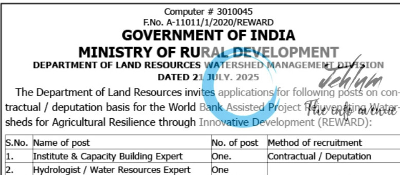 DEPARTMENT OF LAND RESOURCES WATERSHED MANAGEMENT DIVISION RECRUITMENT ADVT NOTIFICATION NO A-11011/1/2020/REWARD