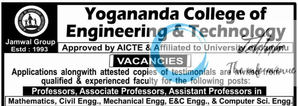 YOGANANDA COLLEGE OF ENGINEERING AND TECHNOLOGY JAMMU RECRUITMENT ADVT NOTIFICATION 2025