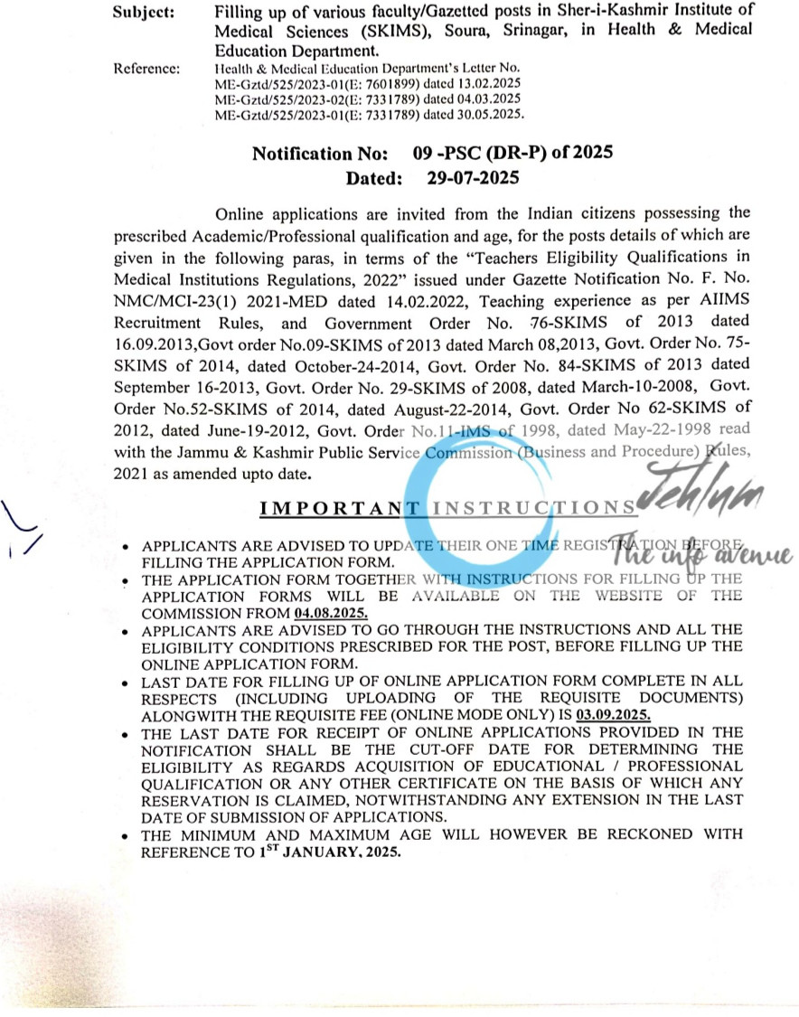 JKPSC SHER I KASHMIR INSTITUTE OF MEDICAL SCIENCES SKIMS SRINAGAR FACULTY/GAZETTED POSTS RECRUITMENT ADVT NOTIFICATION NO 09-PSC DR-P OF 2025