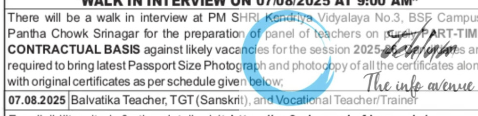 PM SHRI KENDRIYA VIDYALAYA NO 3 SRINAGAR TEACHERS WALK IN INTERVIEW 2025