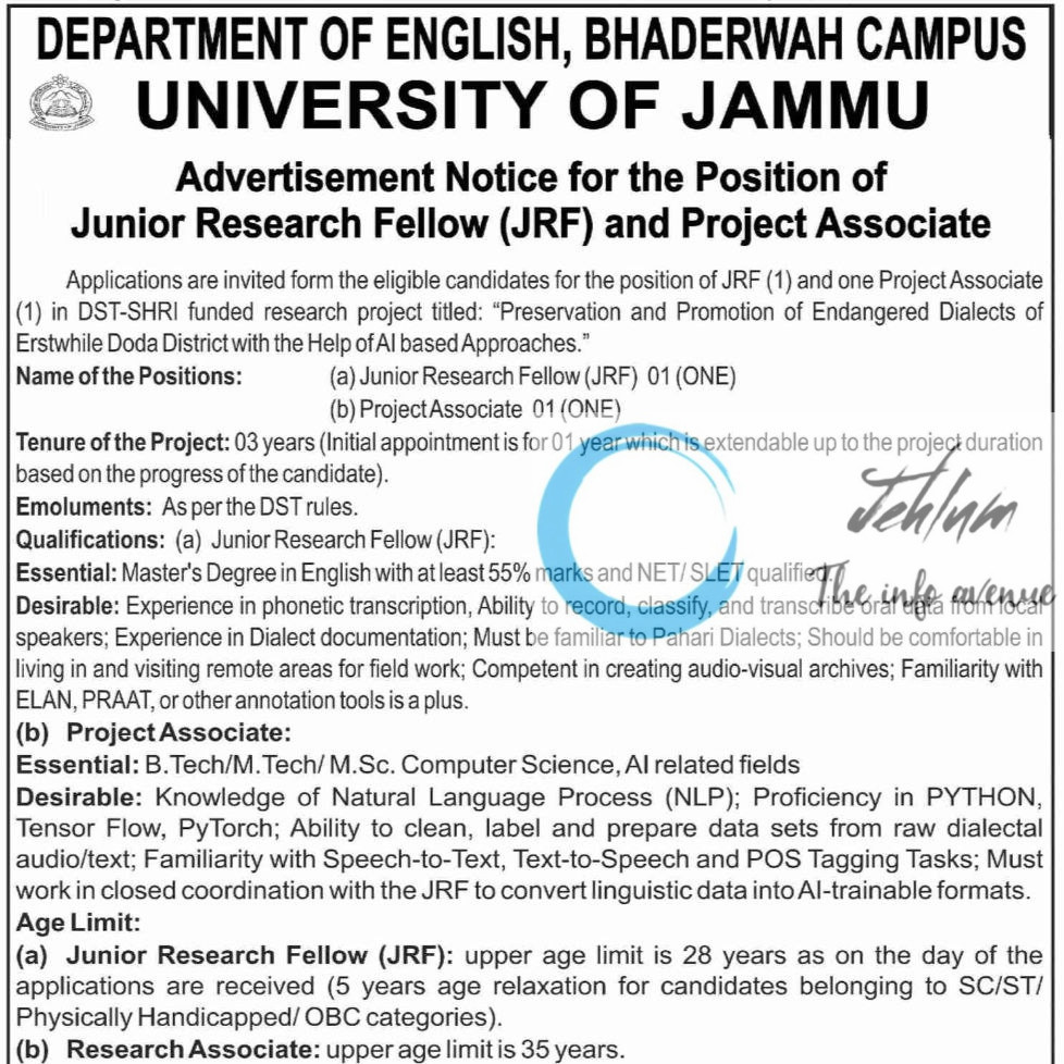 UNIVERSITY OF JAMMU BHADERWAH CAMPUS DEPARTMENT OF ENGLISH JRF RECRUITMENT ADVT NOTIFICATION NO BC/JU/ACD/25/767