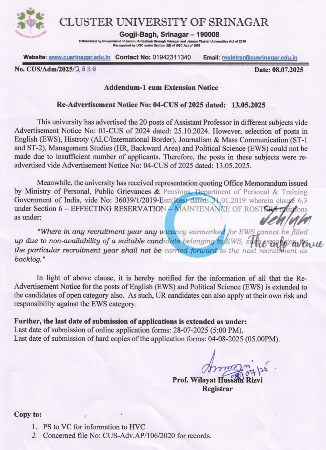 CLUSTER UNIVERSITY OF SRINAGAR AP RECRUITMENT ADVT NOTIFICATION NO 04-CUS/2025 - Addendum