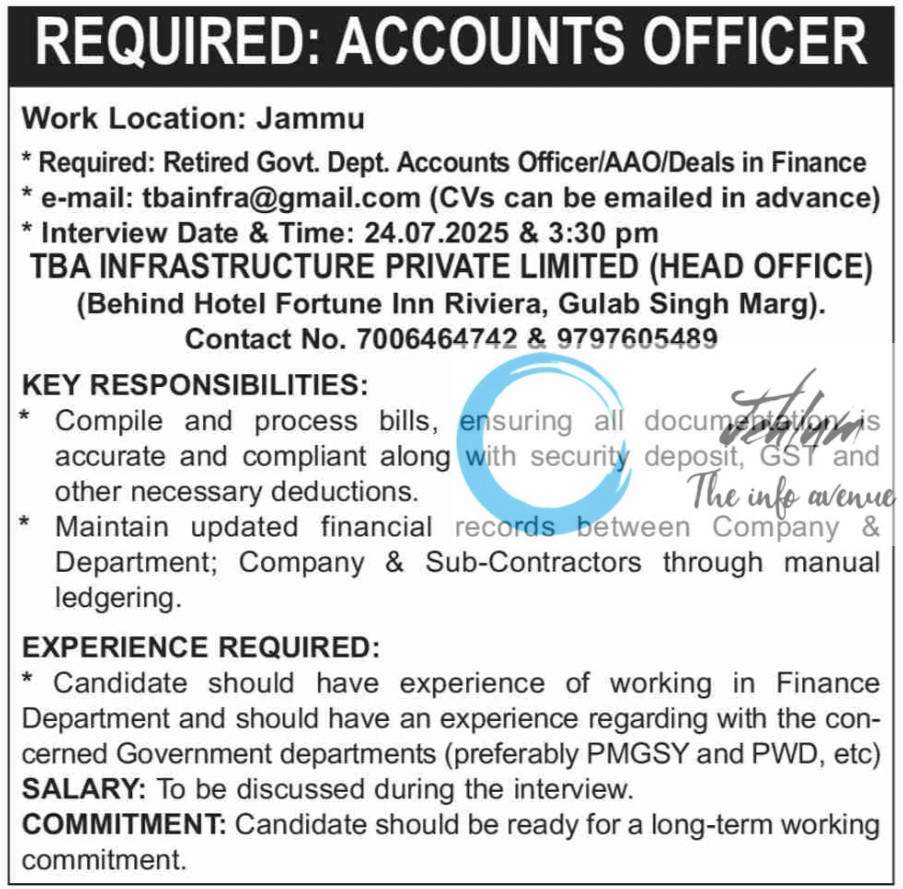 TBA INFRASTRUCTURE PVT LTD JAMMU ACCOUNTS OFFICER JOB OPENINGS 2025