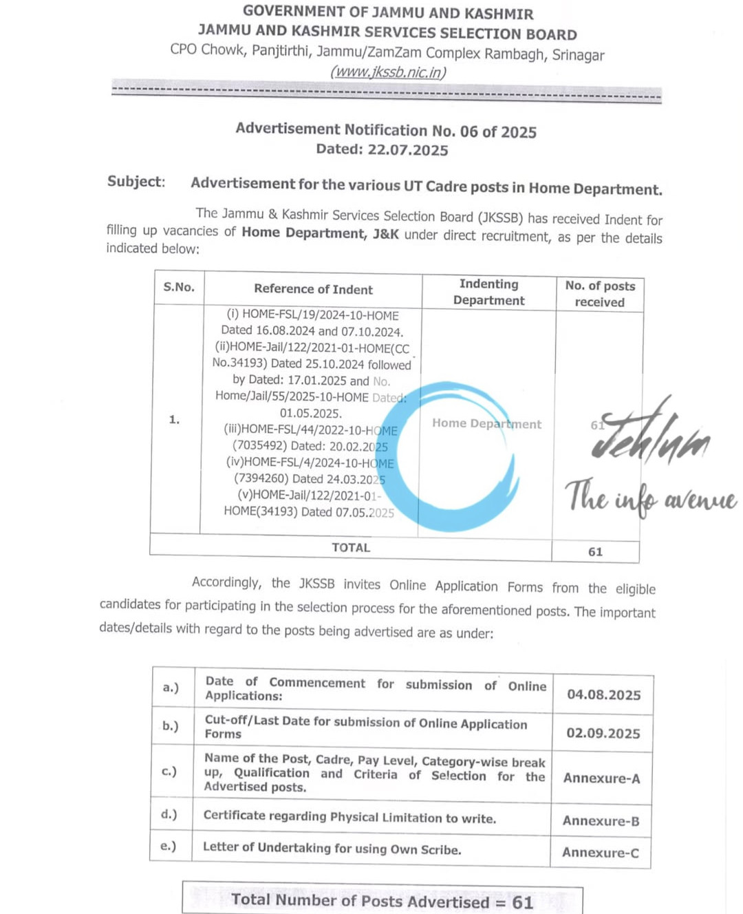 JKSSB Home Department Advertisement Notification No 06 of 2025