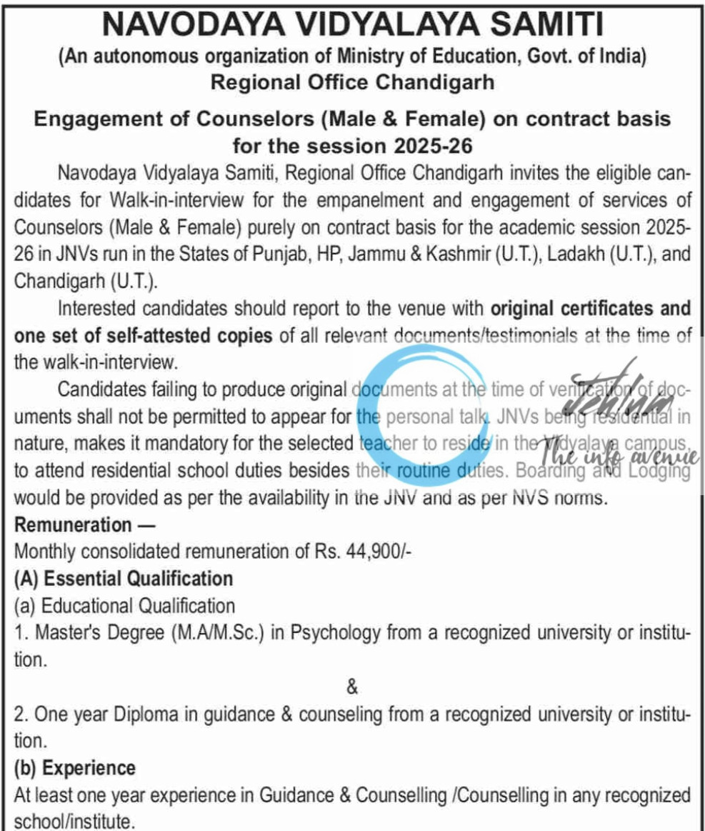 NAVODAYA VIDYALAYA SAMITI NVS COUNSELORS WALK-IN-INTERVIEW NOTIFICATION 2025