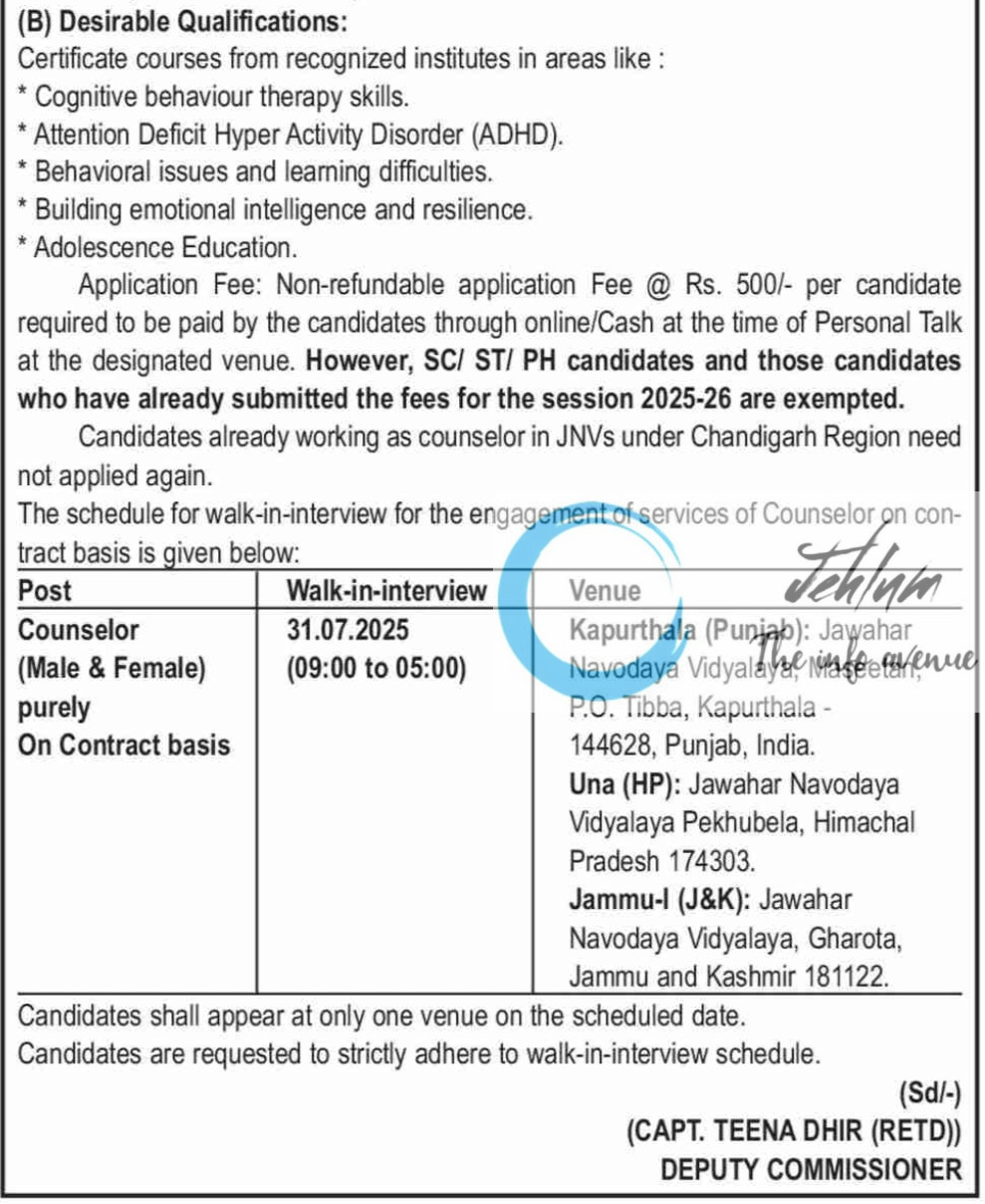 NAVODAYA VIDYALAYA SAMITI NVS COUNSELORS WALK-IN-INTERVIEW NOTIFICATION 2025