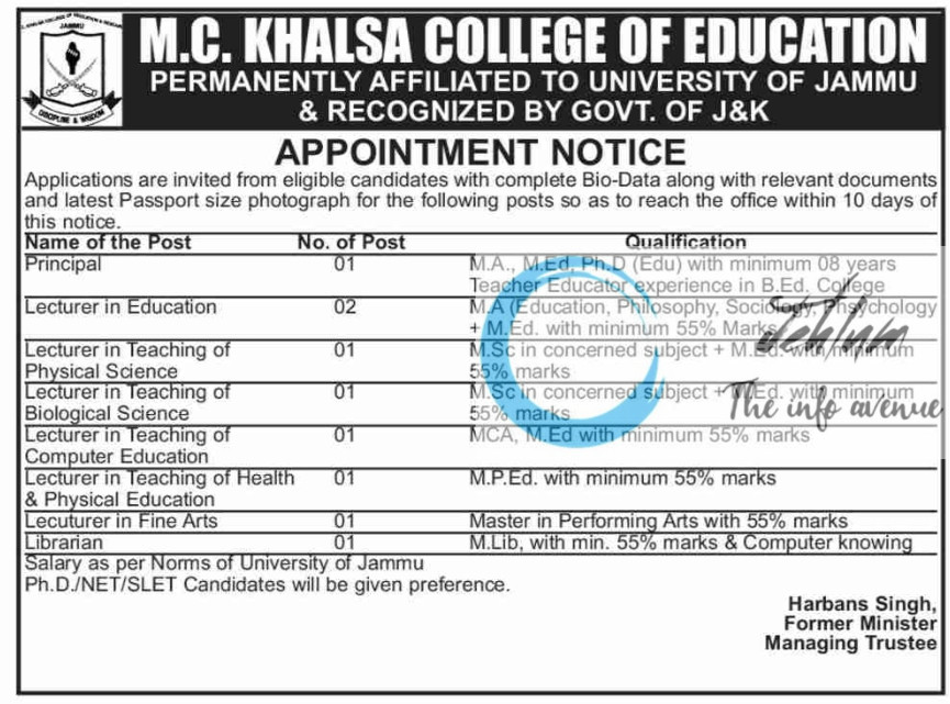 MC KHALSA COLLEGE OF EDUCATION JAMMU JOBS VACANCY 2025