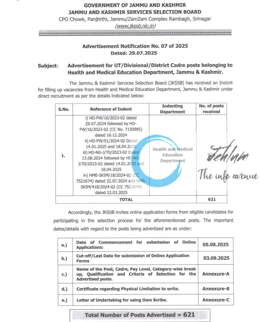 JKSSB Health and Medical Education Department Jobs Recruitment Advertisement Notification No 07 of 2025